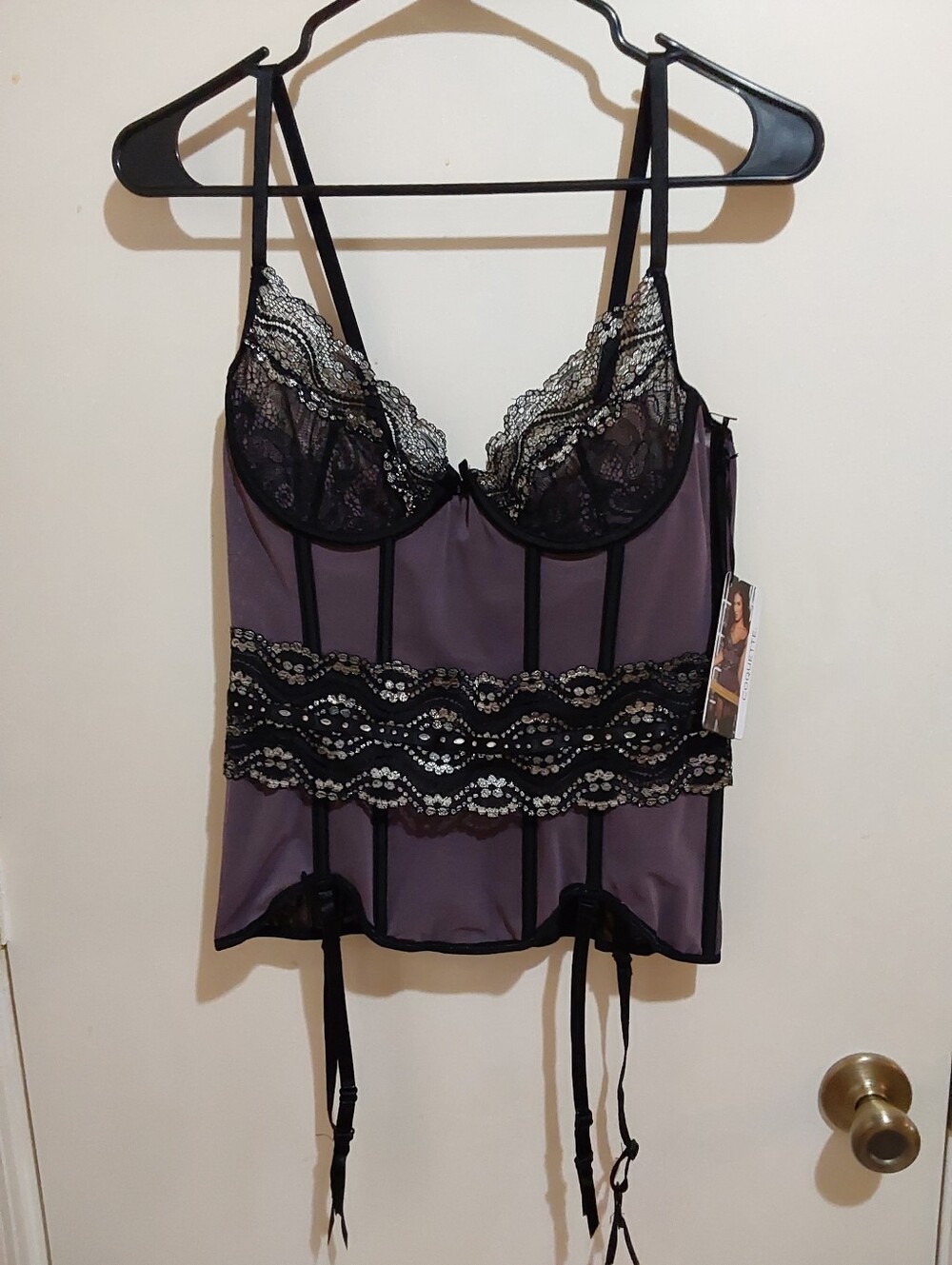 🌺 NWT Coquette Lace-Trim Mauve/Black Bustier w/Garters